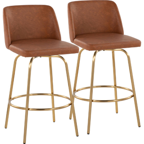 Toriano 26" Swivel Counter Stool in Camel Leatherette & Gold w/ Round Footrest (Set of 2)